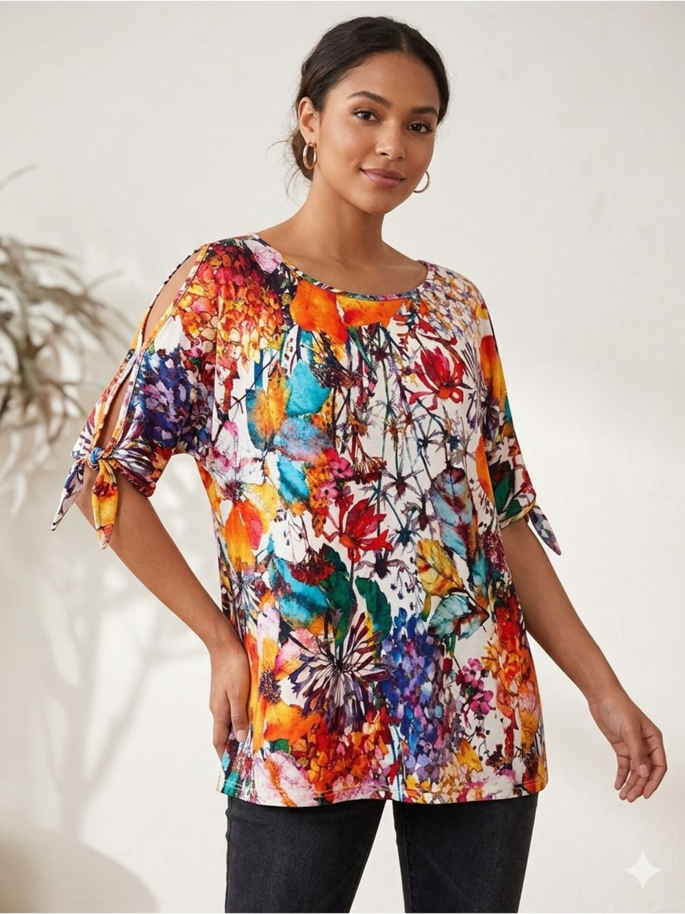Spense Multicolor Floral Short Sleeve Tie-Sleeve Top